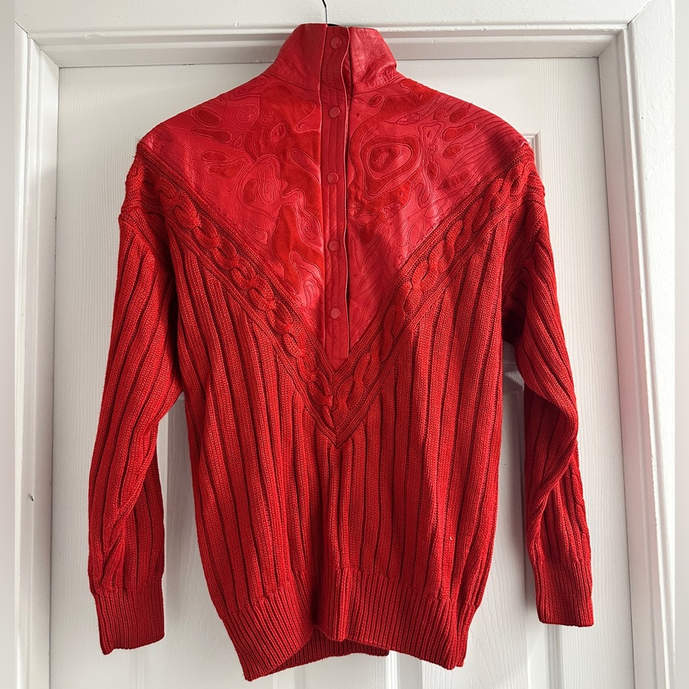 Vintage Red Cable Knit Sweater with 100% Leather Detail